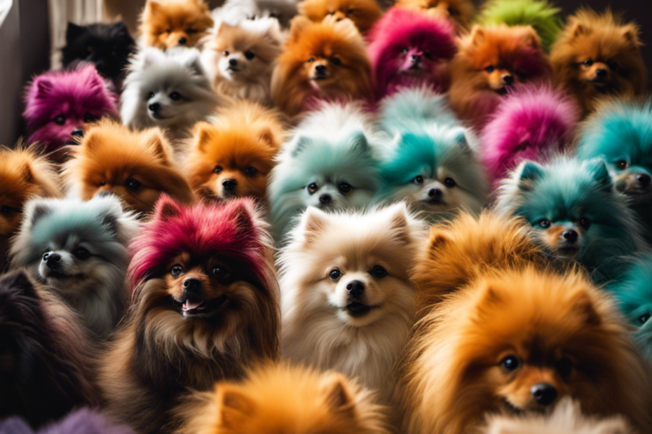 Ty of colorful, fluffy Spitz breeds grouped together, each with their own distinct features, shedding very little fur