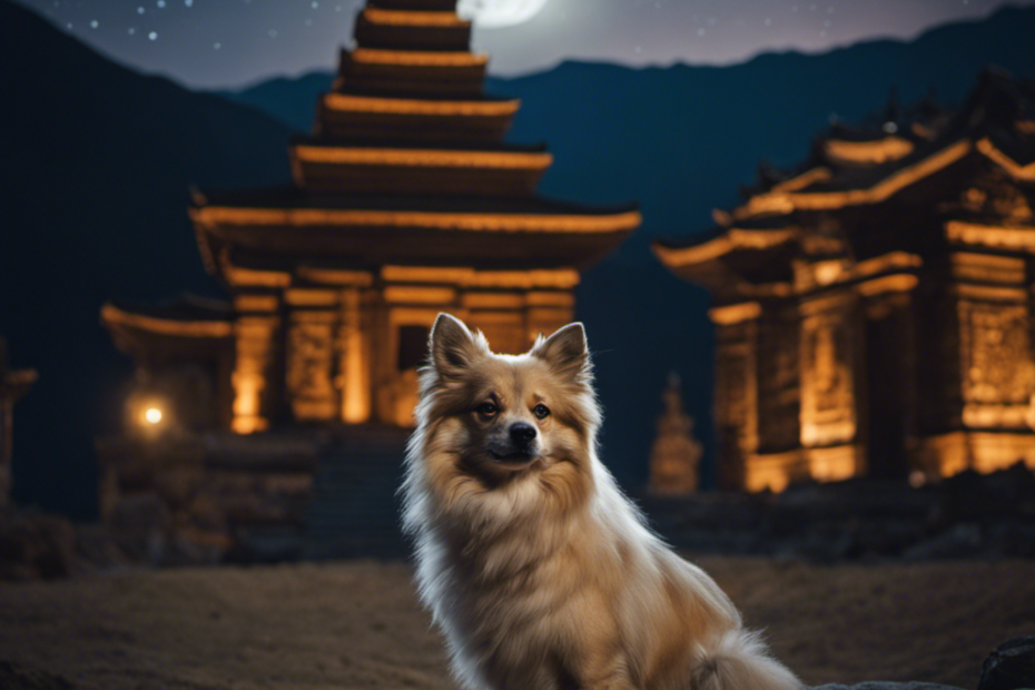 E of a Spitz-type dog with an intricate coat pattern, standing in front of an ancient stone temple surrounded by mountains and a starry night sky