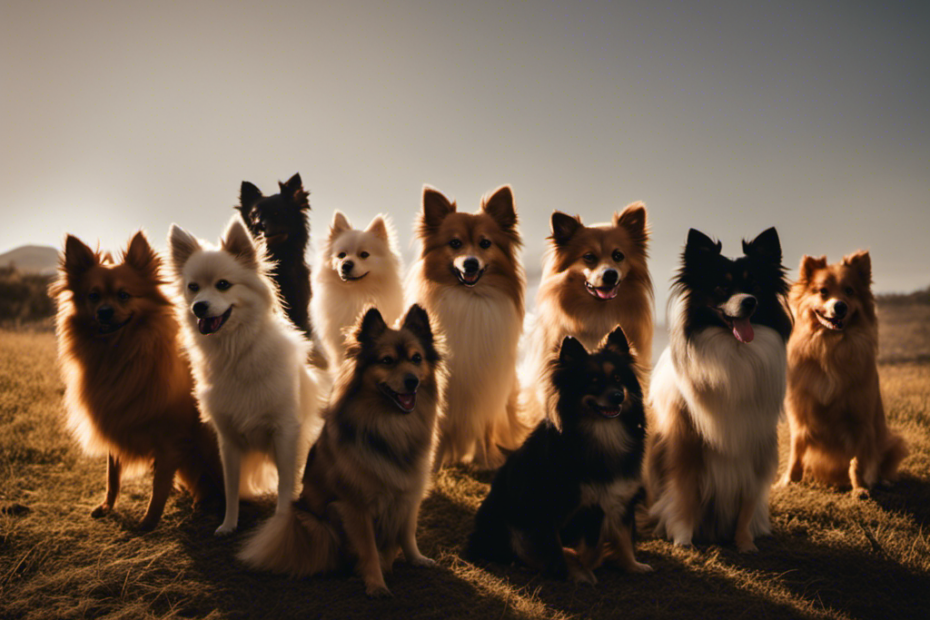 E of a dozen small dogs of different Spitz breeds, arranged in a circle, with each breed's silhouette in the background