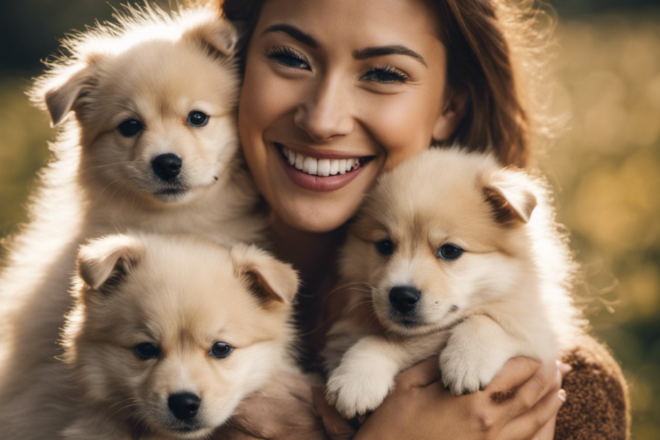 E dog owner holding a puppy of each Spitz breed in a loving embrace, with smiling faces of each pup visible
