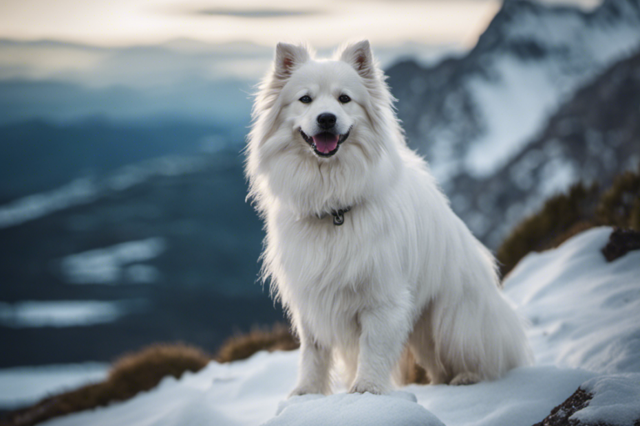 fluffy dog with an Eskimo hood, standing on a snow-covered rock, surrounded by icy mountains, gazing out to sea