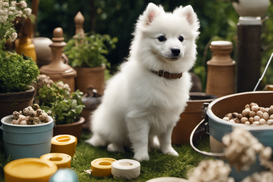 Spitz pup standing in a garden with 15 different items scattered around it, each item representing a misstep in raising the breed