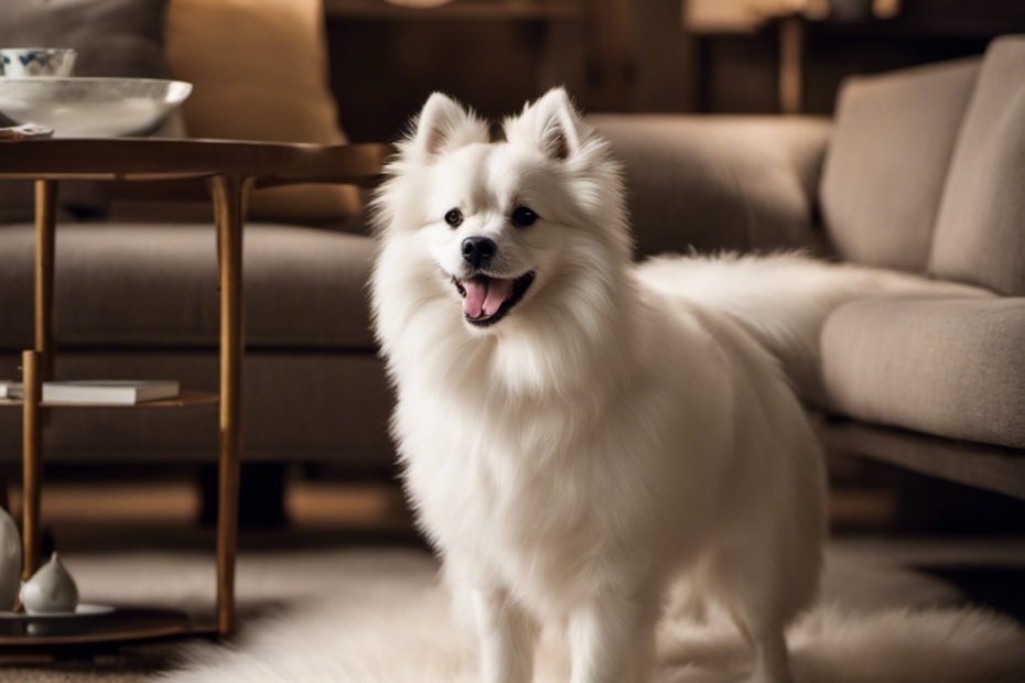 Create an image depicting a cozy living room with a Spitz dog's fluffy white fur seamlessly blending into the surrounding furniture, floor, and air, symbolizing the minimal shedding frequency of this magnificent breed