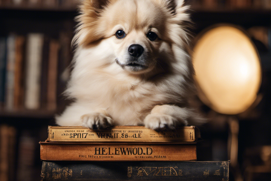 dog perched atop a stack of five vintage books, each one featuring a unique symbol representing one of the five best ways Spitz Dogs have influenced society