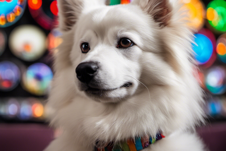 -up of a white Spitz dog with a soft expression surrounded by seven colorful clock faces, each one representing a key fact about the breed's lifespan