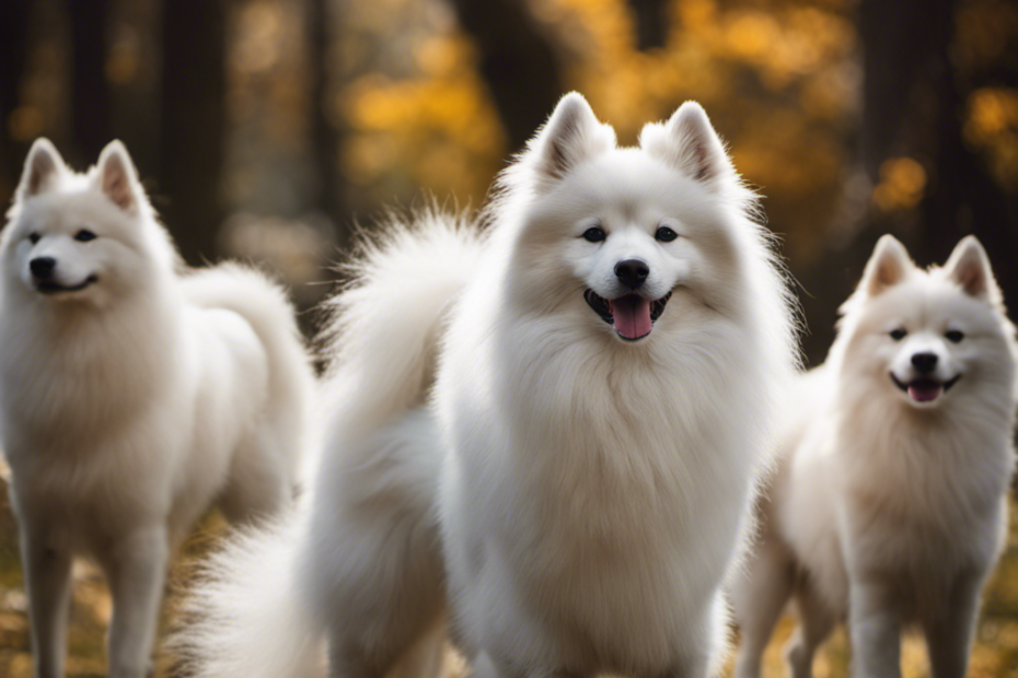 An image capturing the enchanting diversity of Spitz breeds, showcasing their distinctive features: the graceful curves of a Samoyed's white coat, the fox-like face of a Finnish Spitz, and the majestic plume tail of an Akita