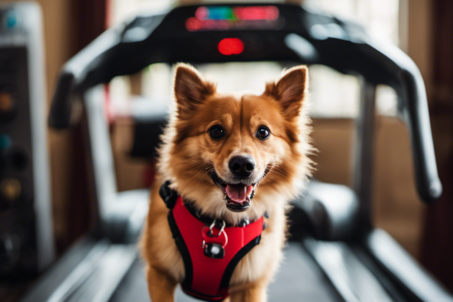 dog in a bright red harness, running on a treadmill with a toy in its mouth, surrounded by a variety of exercise equipment