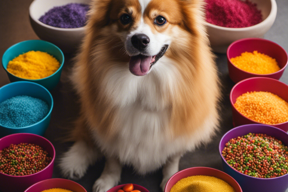 E of a Spitz dog surrounded by eight colorful, textured food bowls, each with a different essential nutritional item