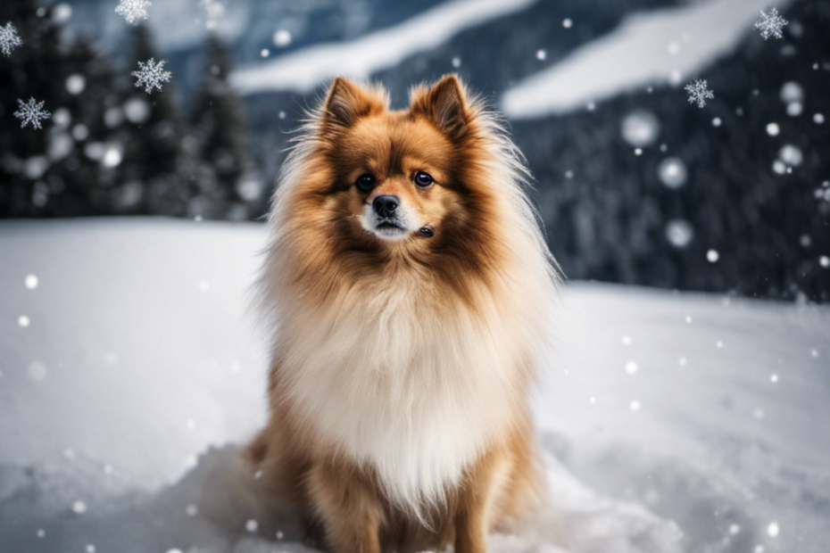 -up of a fluffy Spitz breed dog with snowflakes in its fur, standing against a backdrop of a snow-covered mountain