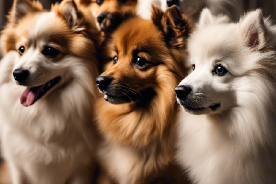 E of 9 distinct, fluffy Spitz dogs, each of a different breed, gathered together in a warm and playful embrace