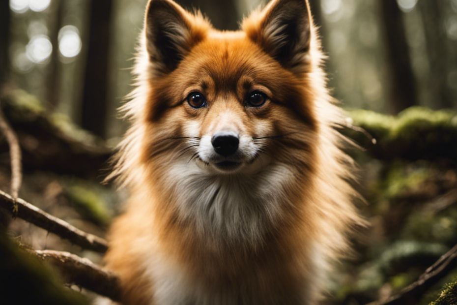 -up of a Spitz breed's face, showing its distinctive fox-like features, in a forest of trees with roots winding around them