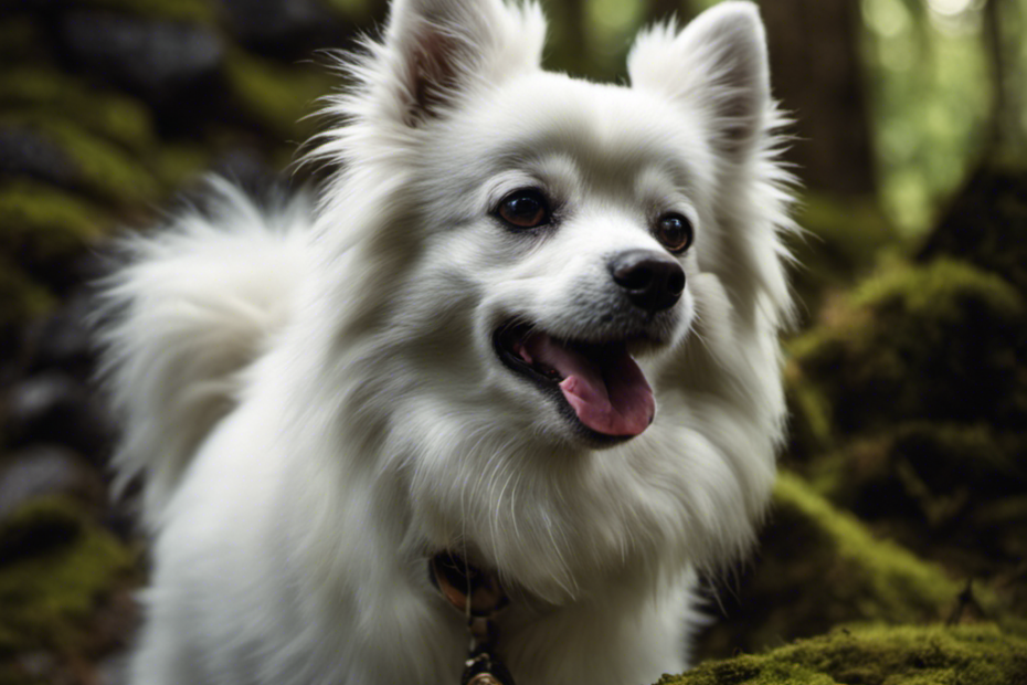 P of a white Spitz dog with its ears alert and nose sniffing, in a lush forest with trees and rocks covered in ancient moss