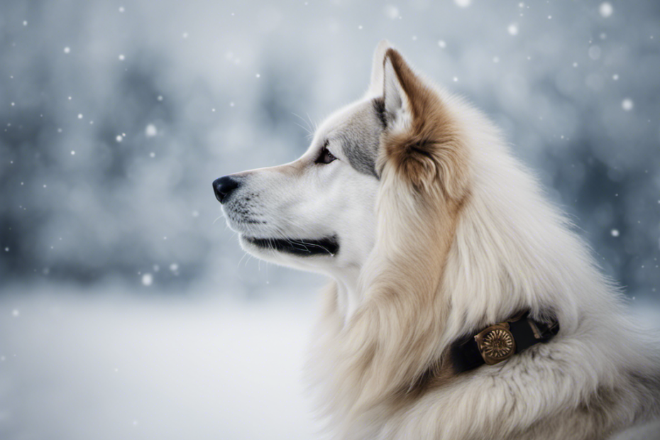 Ic canine breed in profile, surrounded by a ring of 5 snowflakes with a unique shape for each, representing key facts of its history