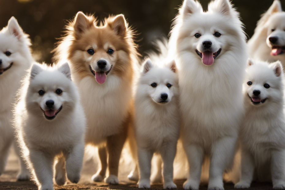 An image showcasing a diverse range of Spitz canines, each displaying their unique size and weight