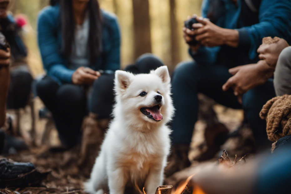 An image capturing a lively Spitz puppy surrounded by a diverse group of people, joyfully engaged in various activities like playing fetch, hiking, and sitting by a campfire, showcasing the key aspects of successful socialization