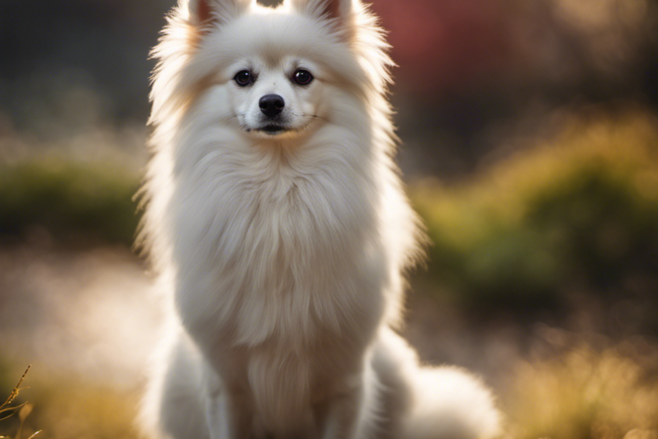 An image showcasing the distinct physical traits of adult Spitz dogs: their pointed ears standing tall, bushy double coats in various colors, almond-shaped eyes glistening, fox-like muzzles, compact bodies, and fluffy tails curled over their backs