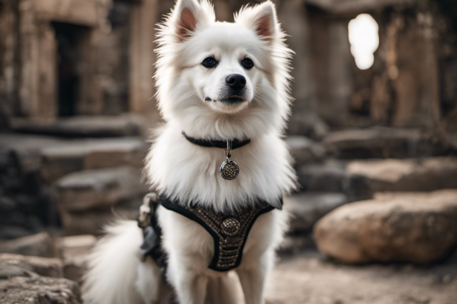 A white and black Spitz dog standing regally against a backdrop of ancient ruins