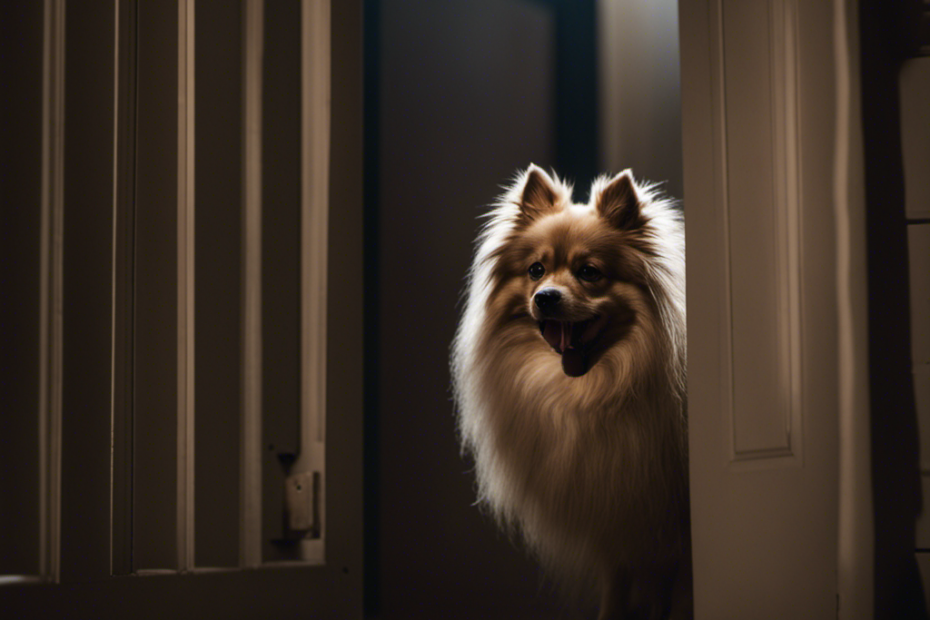 An image showcasing a distressed Spitz dog alone in a dimly lit room, pawing at a closed door with a forlorn expression, capturing their vulnerability to separation anxiety