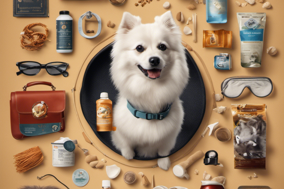 Stration of a Spitz-breed dog, surrounded by 10 different items representing essential care tips for the breed