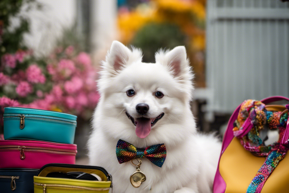Spitz dog breed wearing a collar with a leash, surrounded by a variety of colorful accessories such as a bowtie, sunglasses, booties, and a pet carrier