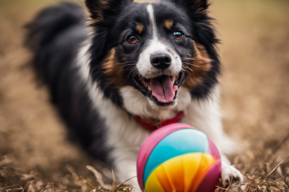 breed dog happily playing with its favorite toy, a colorful squeaky ball with a durable rope handle attached