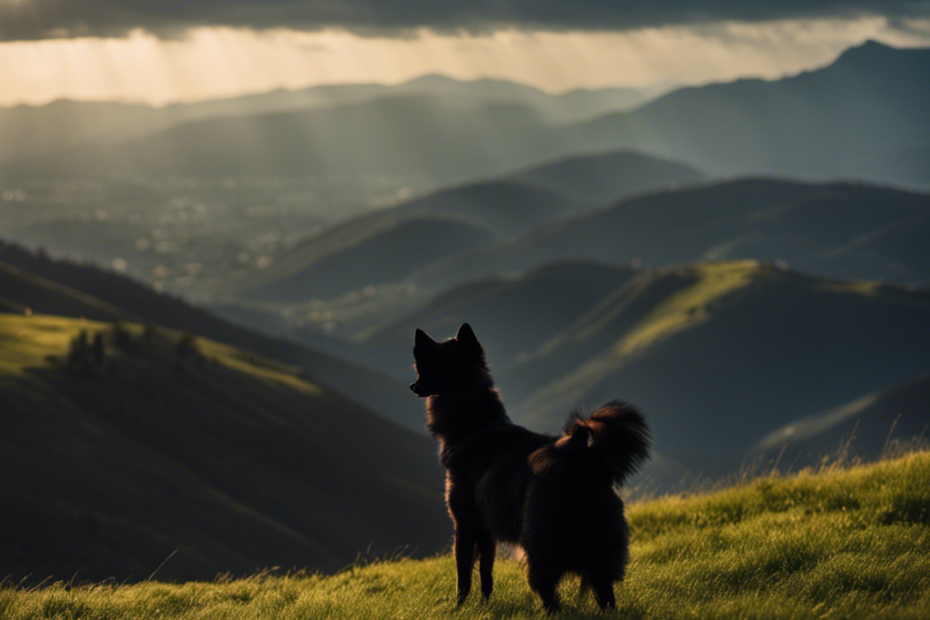 Uette of a Spitz dog standing atop a grassy hill, looking out over a wide expanse of mountainous terrain