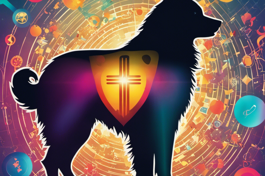 Stration of a silhouette of a Spitz breed dog with a colorful gradient background of medical symbols and stethoscopes