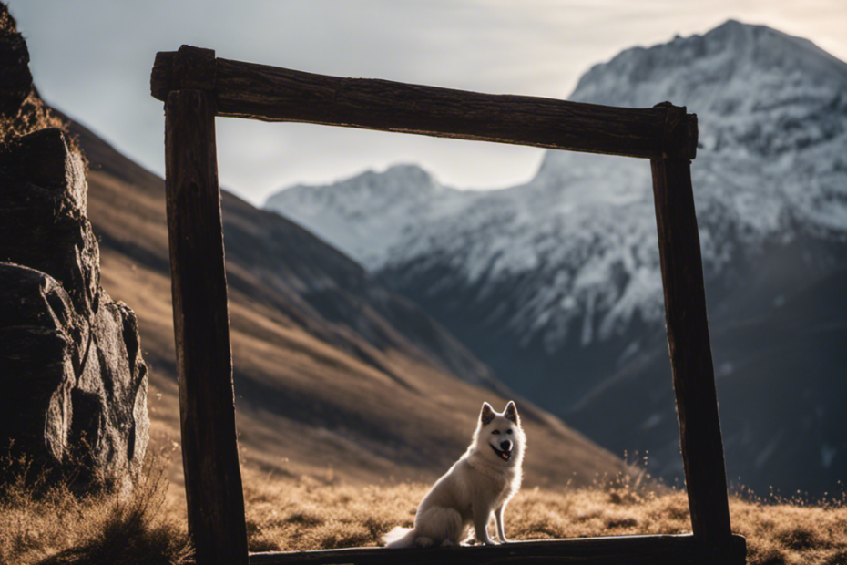 Mo dog silhouette in an ancient wooden frame, framed by a snow-capped mountain range in the background