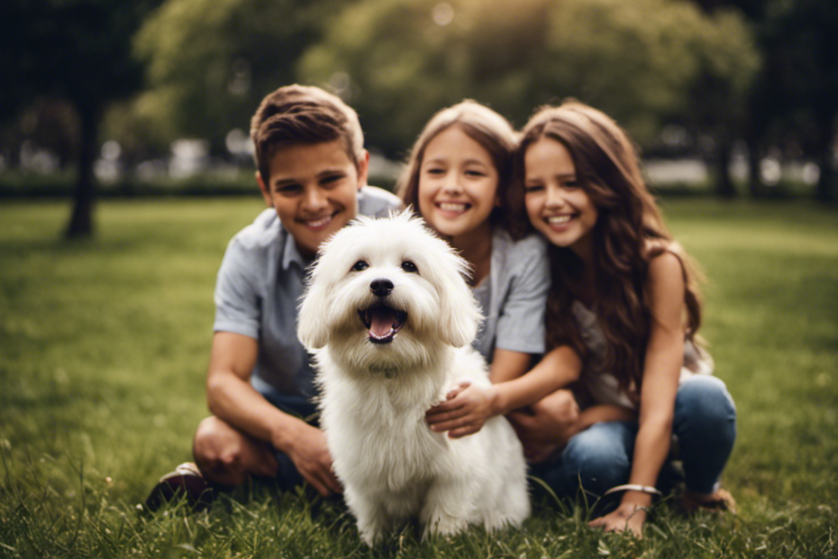 -up of a small family of four with a fluffy white dog, smiling and playing in the park
