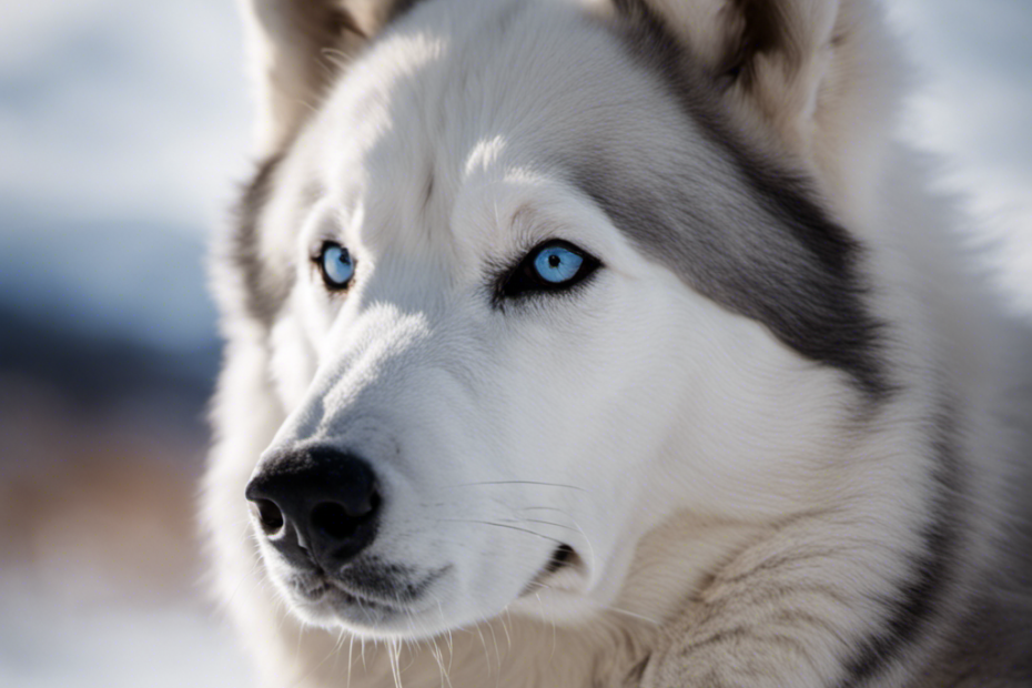 -up image of a white and gray husky, with its fur blowing in the wind, surrounded by a backdrop of snow-covered tundra