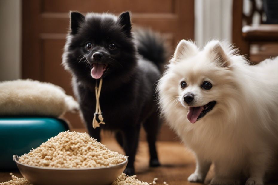 An image showcasing a mischievous Spitz breed playfully tugging on a household item, while another Spitz looks on with a mischievous expression, highlighting the typical behavior issues faced by these breeds