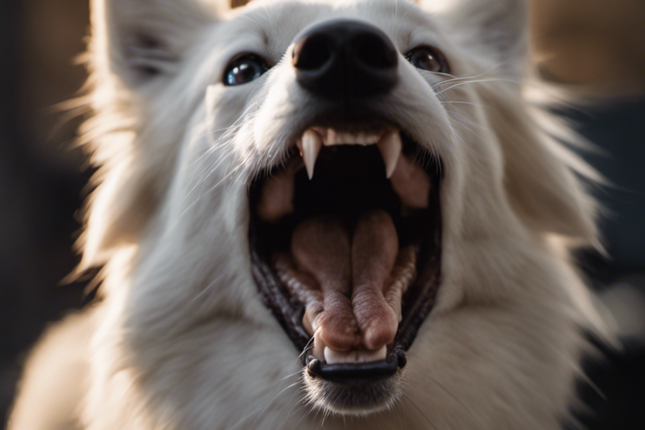 An image showcasing the intricate dental structure of Spitz breeds, focusing on their sharp, pointed teeth, prominent canines, well-aligned incisors, and a strong jawline