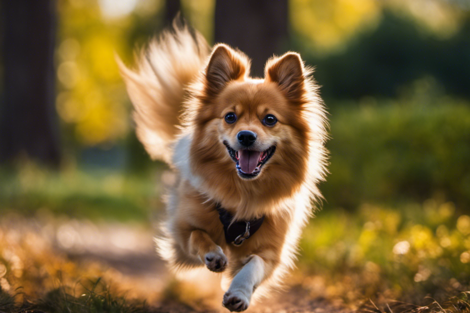 An image showcasing a playful Spitz dog running energetically through a scenic park, their furry tail raised high in excitement, while their alert ears and bright, curious eyes reflect a vibrant energy unique to their breed