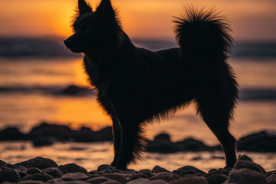 Uette of a Spitz dog on a rocky beach, looking out at a distant horizon with the sun setting in the background