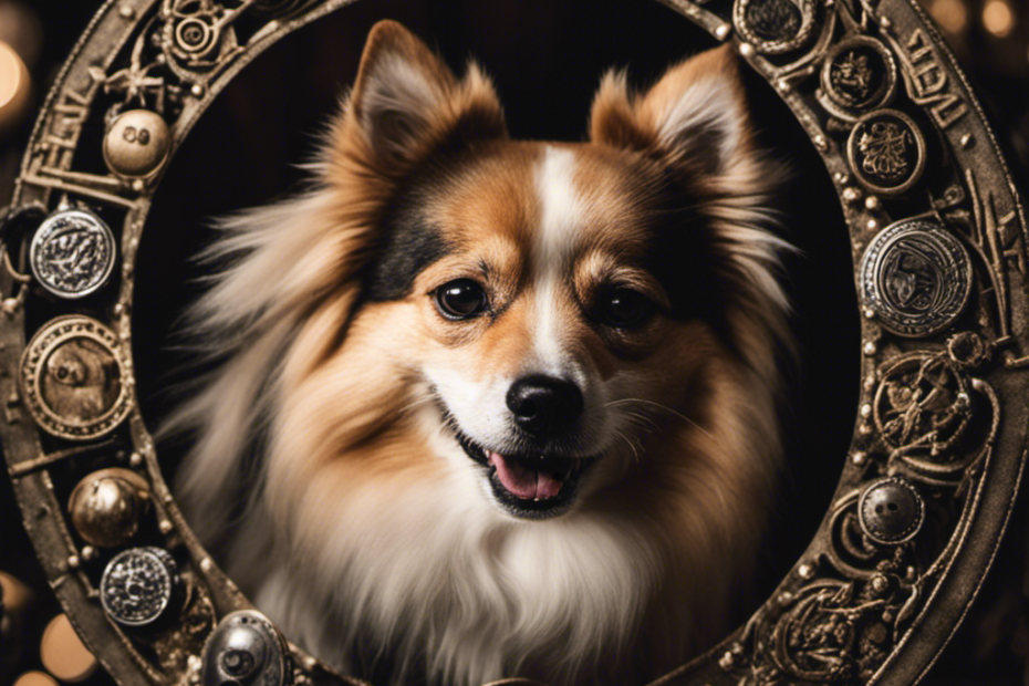 -up of a Spitz Dog's face with its tongue sticking out, surrounded by a circle of Nordic symbols