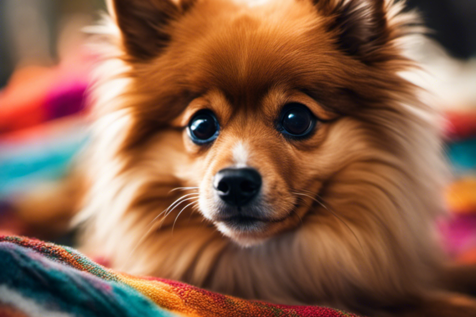 Spitz dog sitting atop a colorful blanket, looking up at the viewer with a curious expression