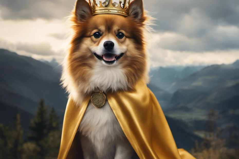 Strated portrait of a Spitz Dog with a golden crown and royal cape, standing proud in front of a mountain landscape