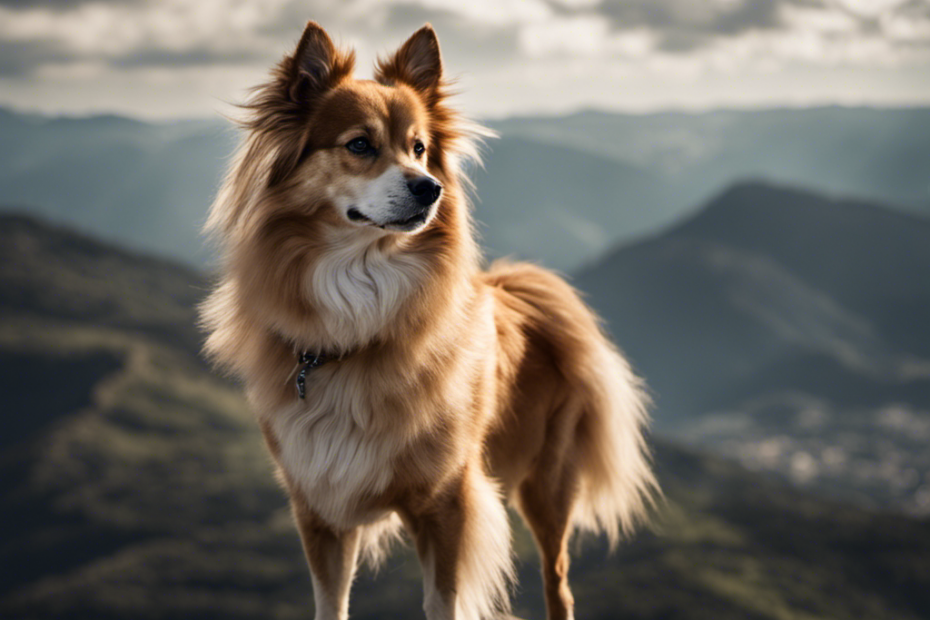 An image showcasing a regal Spitz dog standing atop a rugged mountain peak, gazing into the distance with a confident and aloof expression, emblematic of their renowned independence