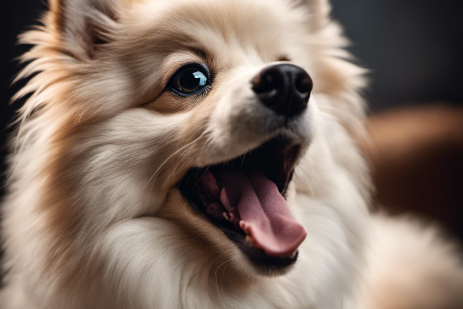 Up of a fluffy, small spitz dog breed with its tongue sticking out, looking up with happy, playful eyes