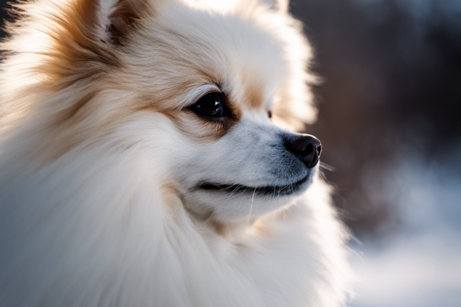 -up of a Pomeranian in profile, its white fur contrasted against a stark, icy landscape