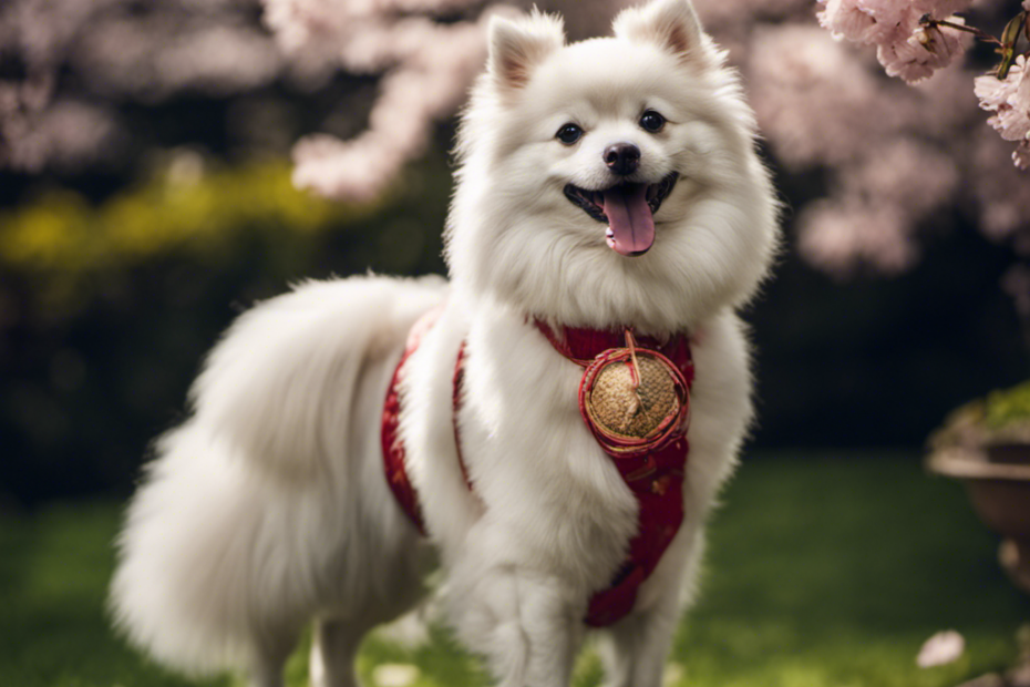 Ng Spitz dog with a traditional Asian dress, standing in a garden with cherry blossoms