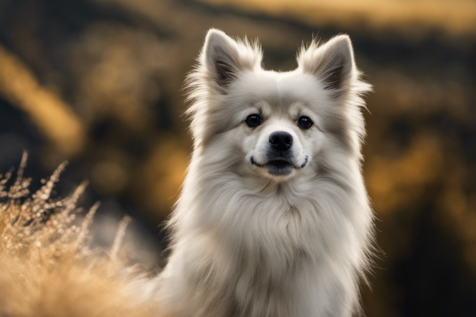 P of fur of a Spitz Dog, highlighting its fluffy coat, pointy ears, and curled tail, framed by a mountainous European landscape