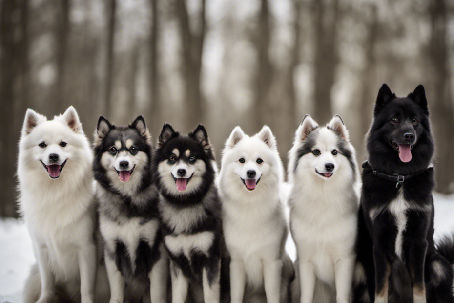 An image showcasing a lineup of various Spitz breeds, each distinct in height