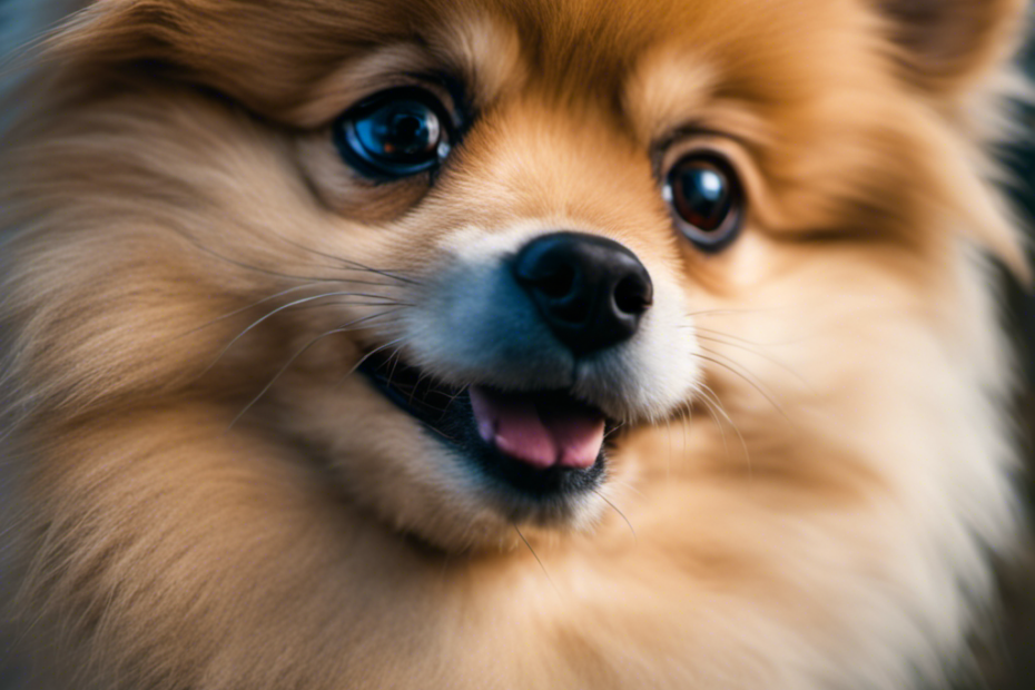 An image showcasing a close-up of a fluffy Pomeranian puppy's face, emphasizing its distinctive rounded head, expressive eyes, and small pointy ears