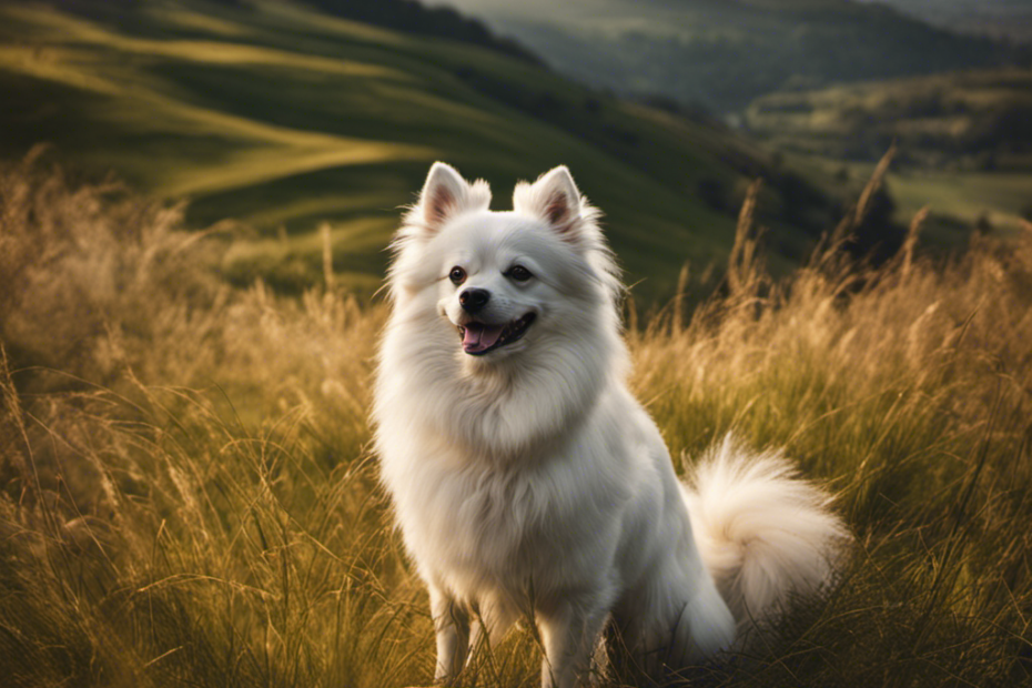 image of a Spitz dog, standing atop a grassy hill with its head held high, gazing proudly over its majestic landscape