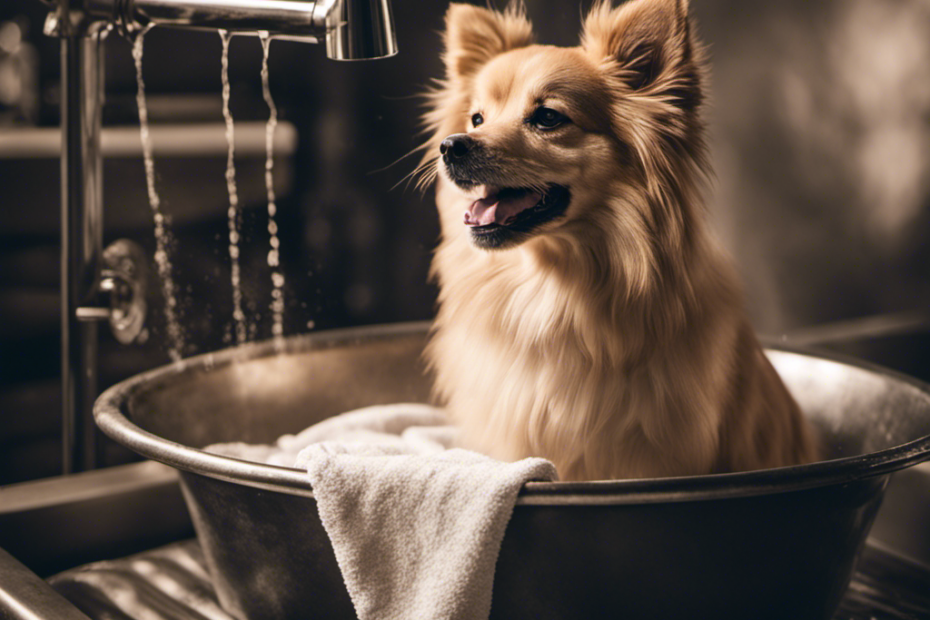 dog being bathed in a large metal basin, with a towel, shampoo, and brush laid out nearby