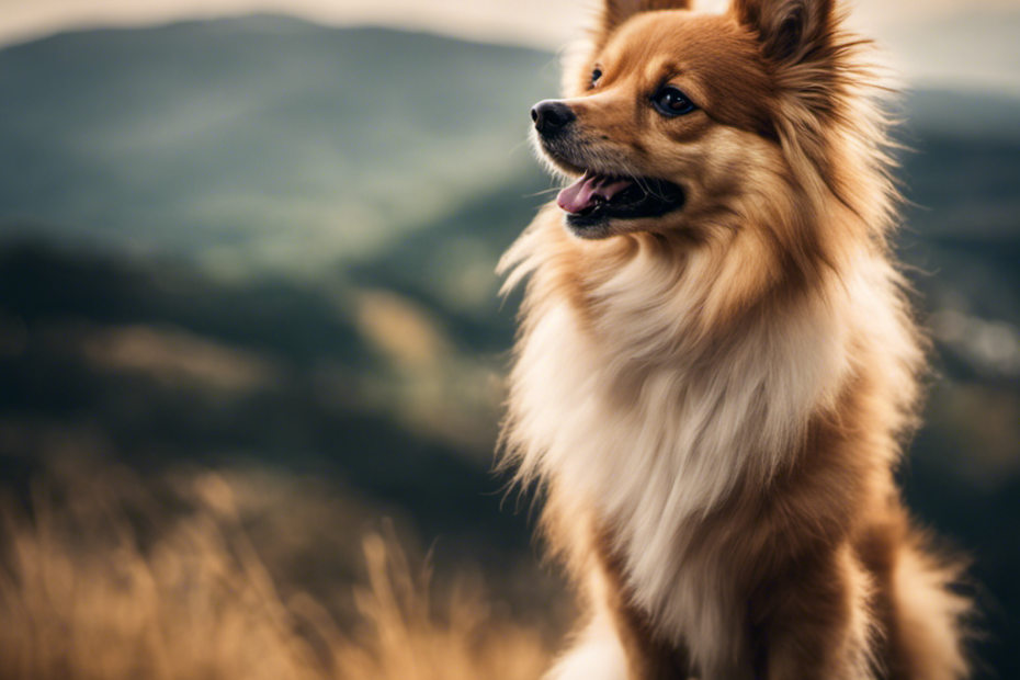 -up of a Spitz dog with its fur blowing in the wind, standing atop a hill with a beautiful vista in the background