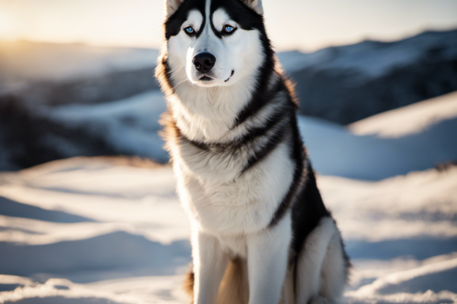 An image showcasing a serene arctic landscape, with a well-groomed Siberian Husky majestically standing on a snowy hill, its lush coat sparkling in the sunlight, radiating the essence of perfect grooming