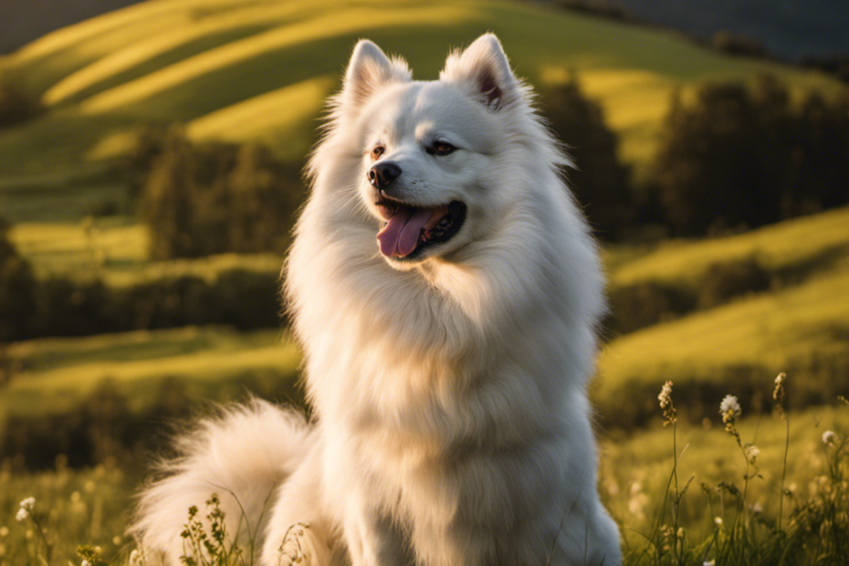 An image showcasing ten stunning portraits of majestic, long-lived Spitz canines, capturing their wise and dignified expressions, silky double coats glistening under golden sunlight, against a serene backdrop of lush green meadows and snow-capped mountains