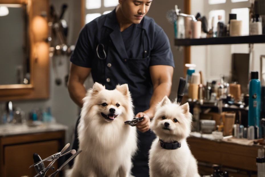 An image capturing a serene scene with a Spitz dog gracefully standing on a grooming table, surrounded by various grooming tools like brushes, scissors, and nail clippers